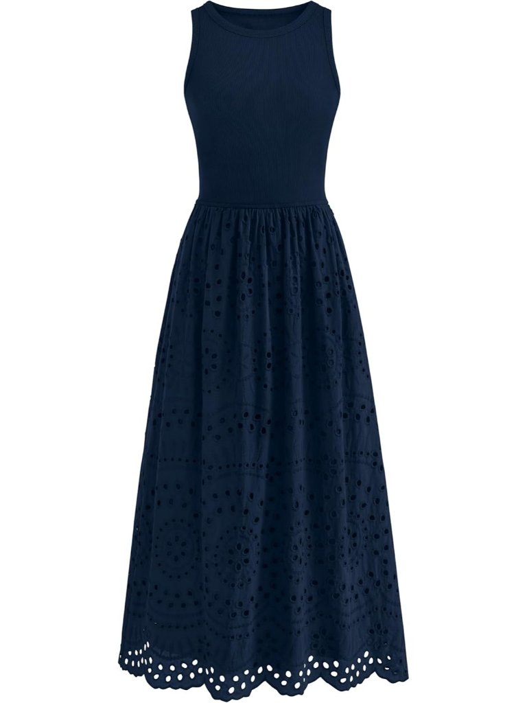 Women's Dress Maxi Grey Blue Neck Short Sleeveles Pockets A Line Summer